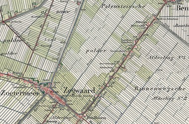 <p>Topografische kaart uit omstreeks 1900 met de lintbebouwing aan de Zegwaartseweg ten noordoosten van de kernen Zoetermeer en Zegwaart (www.topotijdreis). </p>
